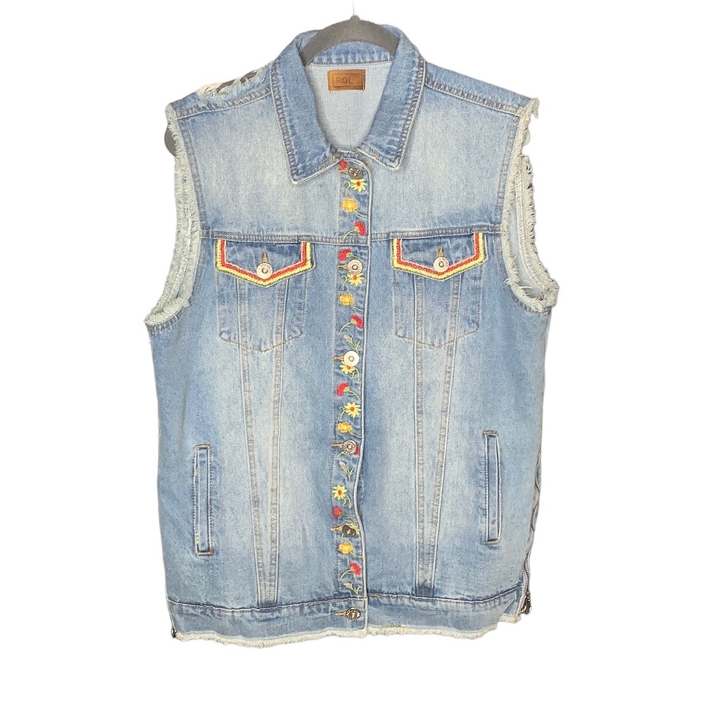 POL Denim Vest Embroidered Distressed Roses Long Oversized‎ Size M